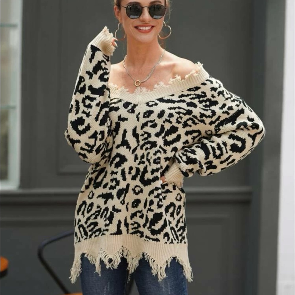 Shein Leopard Pattern Distressed Sweater